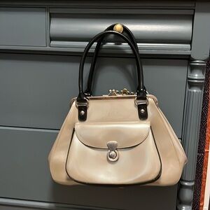 Dove gray patent leather vintage bowling bag style purse.